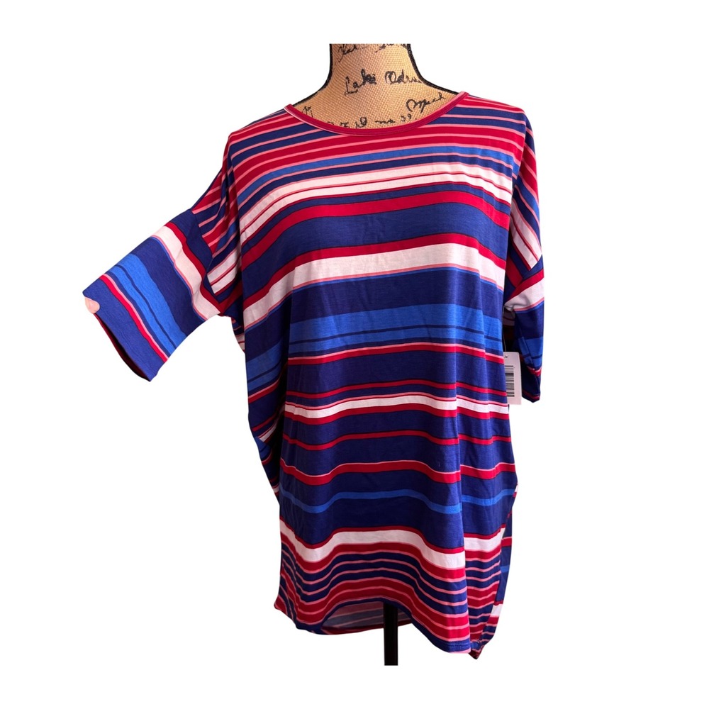NWT LuLaRoe Irma Tunic Top Small Blue Red White Striped Oversized Half Sleeve